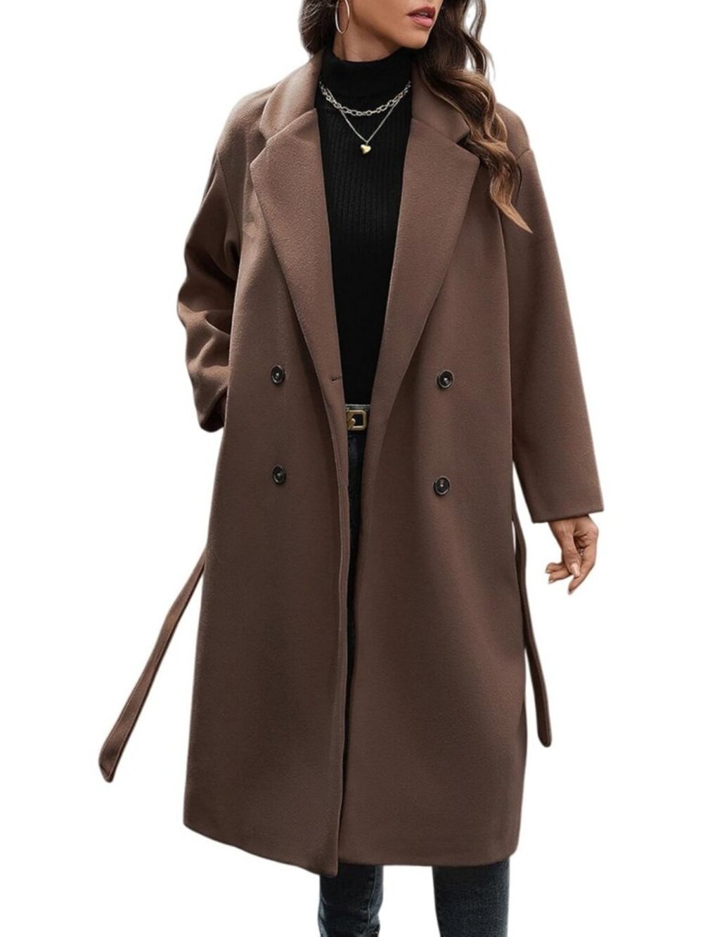 Chic Women's Long Trench Coat, Double Breasted, Belted Winter Overcoat